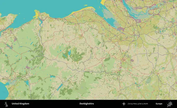 Denbighshire 'da. Birleşik Krallık 'ın idari alanı bir OpenStreetMap İnsani Biçim haritası üzerinde
