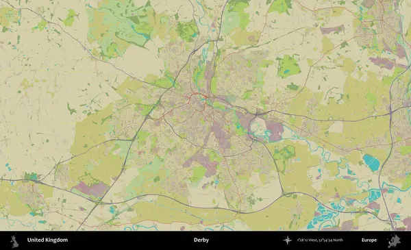 Derbi. Birleşik Krallık 'ın idari alanı bir OpenStreetMap İnsani Biçim haritası üzerinde