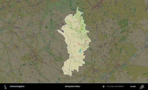 Derbyshire Dales. Birleşik Krallık 'ın idari alanı karanlık bir OpenStreetMap İnsani Haritası biçiminde vurgulanmış ve özetlenmiştir