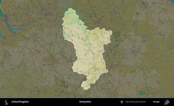 Derbyshire 'da. Birleşik Krallık 'ın idari alanı karanlık bir OpenStreetMap İnsani Haritası biçiminde vurgulanmış ve özetlenmiştir
