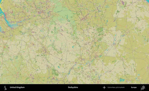 Derbyshire 'da. Birleşik Krallık 'ın idari alanı bir OpenStreetMap İnsani Biçim haritası üzerinde