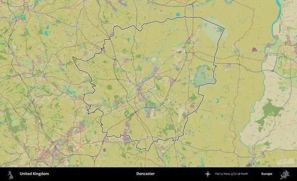 Doncaster 'da. Birleşik Krallık 'ın bir OpenStreetMap İnsani Biçim haritasında özetlenmiş idari alanı