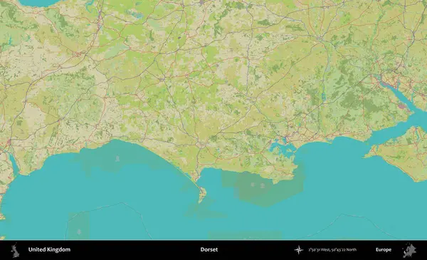 Dorset. Birleşik Krallık 'ın idari alanı bir OpenStreetMap İnsani Biçim haritası üzerinde