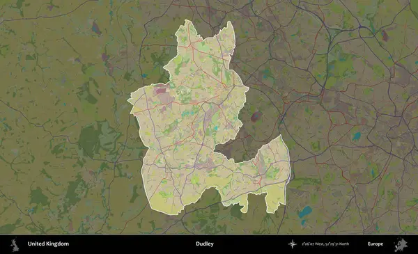 Dudley. Birleşik Krallık 'ın idari alanı karanlık bir OpenStreetMap İnsani Haritası biçiminde vurgulanmış ve özetlenmiştir