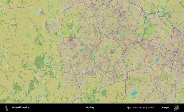 Dudley. Birleşik Krallık 'ın idari alanı bir OpenStreetMap İnsani Biçim haritası üzerinde
