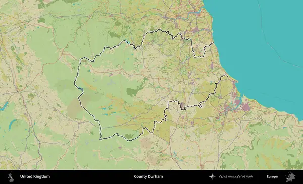 Durham ilçesi. Birleşik Krallık 'ın bir OpenStreetMap İnsani Biçim haritasında özetlenmiş idari alanı