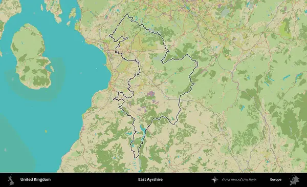 Doğu Ayrshire. Birleşik Krallık 'ın bir OpenStreetMap İnsani Biçim haritasında özetlenmiş idari alanı