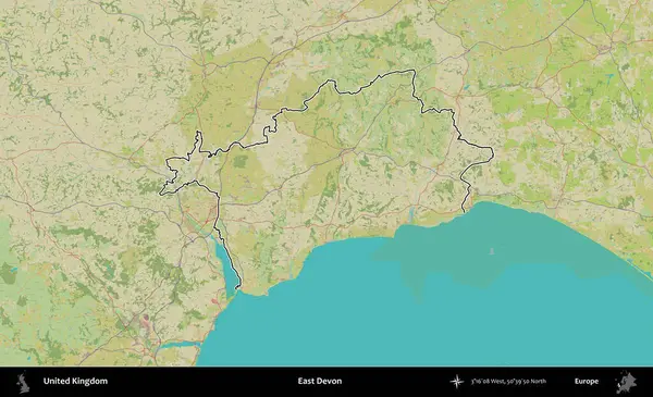 Doğu Devon. Birleşik Krallık 'ın bir OpenStreetMap İnsani Biçim haritasında özetlenmiş idari alanı