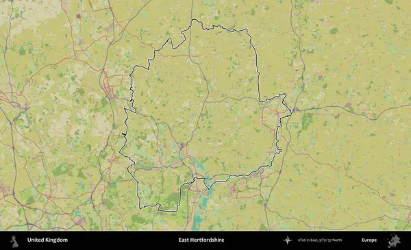 Doğu Hertfordshire. Birleşik Krallık 'ın bir OpenStreetMap İnsani Biçim haritasında özetlenmiş idari alanı