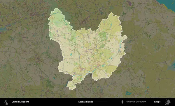 Doğu Midlands. Birleşik Krallık 'ın idari alanı karanlık bir OpenStreetMap İnsani Haritası biçiminde vurgulanmış ve özetlenmiştir