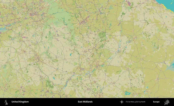 Doğu Midlands. Birleşik Krallık 'ın idari alanı bir OpenStreetMap İnsani Biçim haritası üzerinde