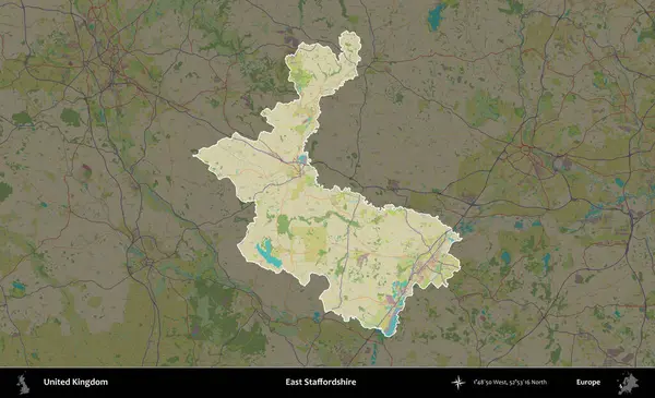 Doğu Staffordshire. Birleşik Krallık 'ın idari alanı karanlık bir OpenStreetMap İnsani Haritası biçiminde vurgulanmış ve özetlenmiştir