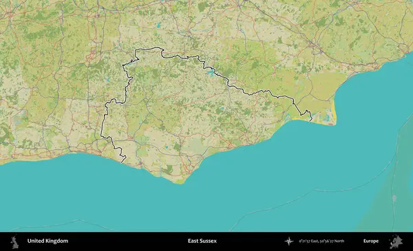 Doğu Sussex. Birleşik Krallık 'ın bir OpenStreetMap İnsani Biçim haritasında özetlenmiş idari alanı