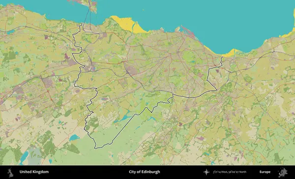 Edinburgh şehri. Birleşik Krallık 'ın bir OpenStreetMap İnsani Biçim haritasında özetlenmiş idari alanı
