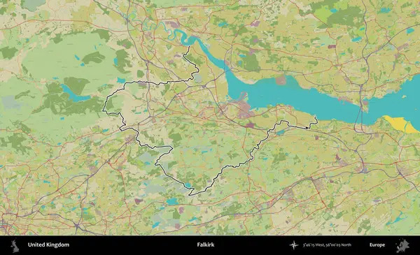 Falkirk. Birleşik Krallık 'ın bir OpenStreetMap İnsani Biçim haritasında özetlenmiş idari alanı