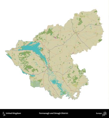 Fermanagh ve Omagh Bölgesi. Birleşik Krallık 'ın idari alanı bir OpenStreetMap İnsani Harita stili haritasında beyaza izole edildi