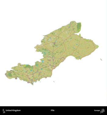 Fife. Birleşik Krallık 'ın idari alanı bir OpenStreetMap İnsani Harita stili haritasında beyaza izole edildi