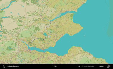 Fife. Birleşik Krallık 'ın bir OpenStreetMap İnsani Biçim haritasında özetlenmiş idari alanı