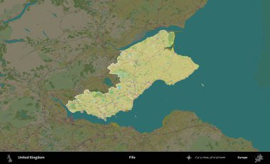 Fife. Birleşik Krallık 'ın idari alanı karanlık bir OpenStreetMap İnsani Haritası biçiminde vurgulanmış ve özetlenmiştir