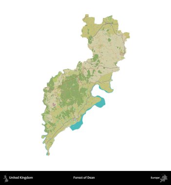 Dean Ormanı. Birleşik Krallık 'ın idari alanı bir OpenStreetMap İnsani Harita stili haritasında beyaza izole edildi