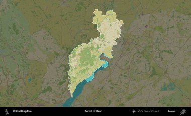 Dean Ormanı. Birleşik Krallık 'ın idari alanı karanlık bir OpenStreetMap İnsani Haritası biçiminde vurgulanmış ve özetlenmiştir
