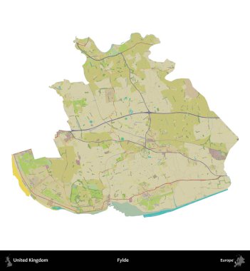 Fylde. Birleşik Krallık 'ın idari alanı bir OpenStreetMap İnsani Harita stili haritasında beyaza izole edildi