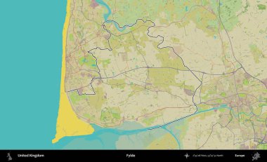 Fylde. Birleşik Krallık 'ın bir OpenStreetMap İnsani Biçim haritasında özetlenmiş idari alanı
