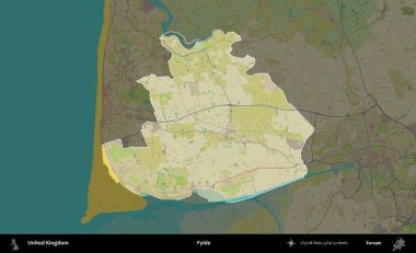 Fylde. Birleşik Krallık 'ın idari alanı karanlık bir OpenStreetMap İnsani Haritası biçiminde vurgulanmış ve özetlenmiştir
