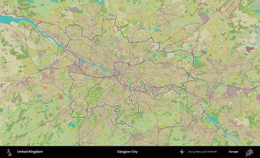 Glasgow Şehri. Birleşik Krallık 'ın bir OpenStreetMap İnsani Biçim haritasında özetlenmiş idari alanı