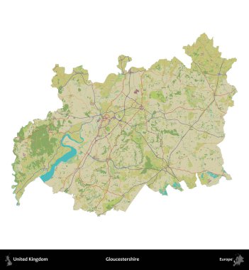 Gloucestershire 'da. Birleşik Krallık 'ın idari alanı bir OpenStreetMap İnsani Harita stili haritasında beyaza izole edildi