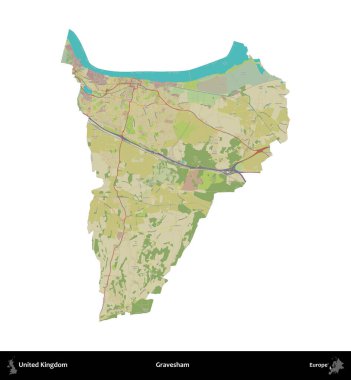 Gravesham. Birleşik Krallık 'ın idari alanı bir OpenStreetMap İnsani Harita stili haritasında beyaza izole edildi