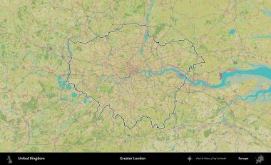 Büyük Londra. Birleşik Krallık 'ın bir OpenStreetMap İnsani Biçim haritasında özetlenmiş idari alanı