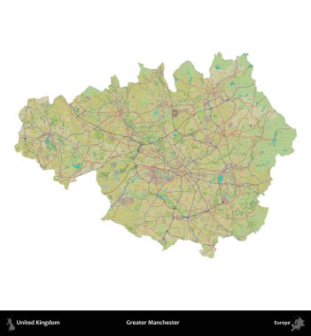 Daha büyük Manchester. Birleşik Krallık 'ın idari alanı bir OpenStreetMap İnsani Harita stili haritasında beyaza izole edildi