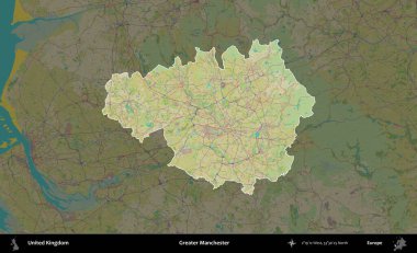 Daha büyük Manchester. Birleşik Krallık 'ın idari alanı karanlık bir OpenStreetMap İnsani Haritası biçiminde vurgulanmış ve özetlenmiştir