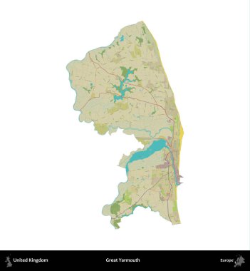 Yüce Yarmouth. Birleşik Krallık 'ın idari alanı bir OpenStreetMap İnsani Harita stili haritasında beyaza izole edildi