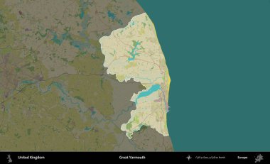 Yüce Yarmouth. Birleşik Krallık 'ın idari alanı karanlık bir OpenStreetMap İnsani Haritası biçiminde vurgulanmış ve özetlenmiştir