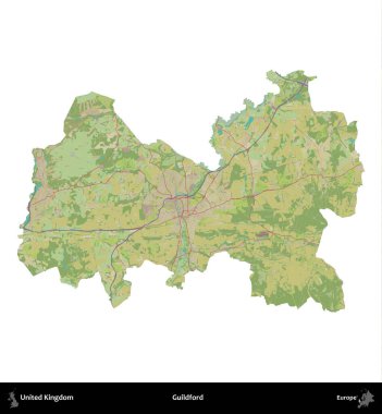 Guildford. Birleşik Krallık 'ın idari alanı bir OpenStreetMap İnsani Harita stili haritasında beyaza izole edildi