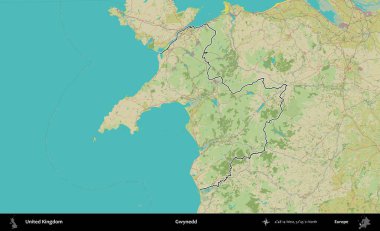 Gwynedd. Birleşik Krallık 'ın bir OpenStreetMap İnsani Biçim haritasında özetlenmiş idari alanı