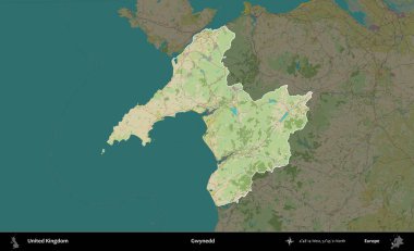 Gwynedd. Birleşik Krallık 'ın idari alanı karanlık bir OpenStreetMap İnsani Haritası biçiminde vurgulanmış ve özetlenmiştir