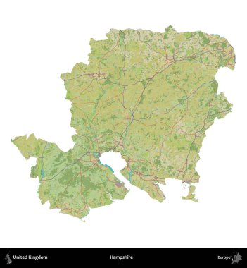 Hampshire. Birleşik Krallık 'ın idari alanı bir OpenStreetMap İnsani Harita stili haritasında beyaza izole edildi