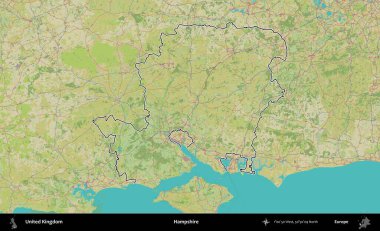 Hampshire. Birleşik Krallık 'ın bir OpenStreetMap İnsani Biçim haritasında özetlenmiş idari alanı