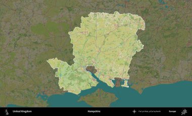 Hampshire. Birleşik Krallık 'ın idari alanı karanlık bir OpenStreetMap İnsani Haritası biçiminde vurgulanmış ve özetlenmiştir