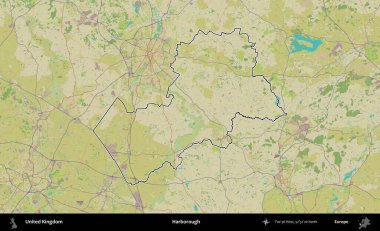 Harborough 'da. Birleşik Krallık 'ın bir OpenStreetMap İnsani Biçim haritasında özetlenmiş idari alanı