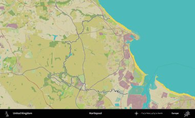 Hartlepool 'da. Birleşik Krallık 'ın bir OpenStreetMap İnsani Biçim haritasında özetlenmiş idari alanı