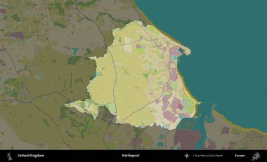 Hartlepool 'da. Birleşik Krallık 'ın idari alanı karanlık bir OpenStreetMap İnsani Haritası biçiminde vurgulanmış ve özetlenmiştir