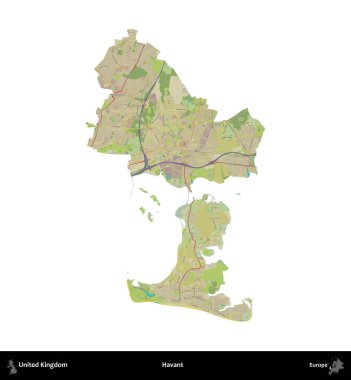 Havant. Birleşik Krallık 'ın idari alanı bir OpenStreetMap İnsani Harita stili haritasında beyaza izole edildi