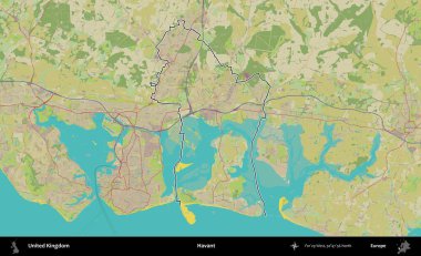 Havant. Birleşik Krallık 'ın bir OpenStreetMap İnsani Biçim haritasında özetlenmiş idari alanı
