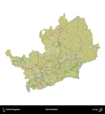 Hertfordshire 'da. Birleşik Krallık 'ın idari alanı bir OpenStreetMap İnsani Harita stili haritasında beyaza izole edildi