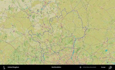 Hertfordshire 'da. Birleşik Krallık 'ın bir OpenStreetMap İnsani Biçim haritasında özetlenmiş idari alanı