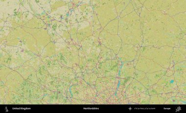 Hertfordshire 'da. Birleşik Krallık 'ın idari alanı bir OpenStreetMap İnsani Biçim haritası üzerinde